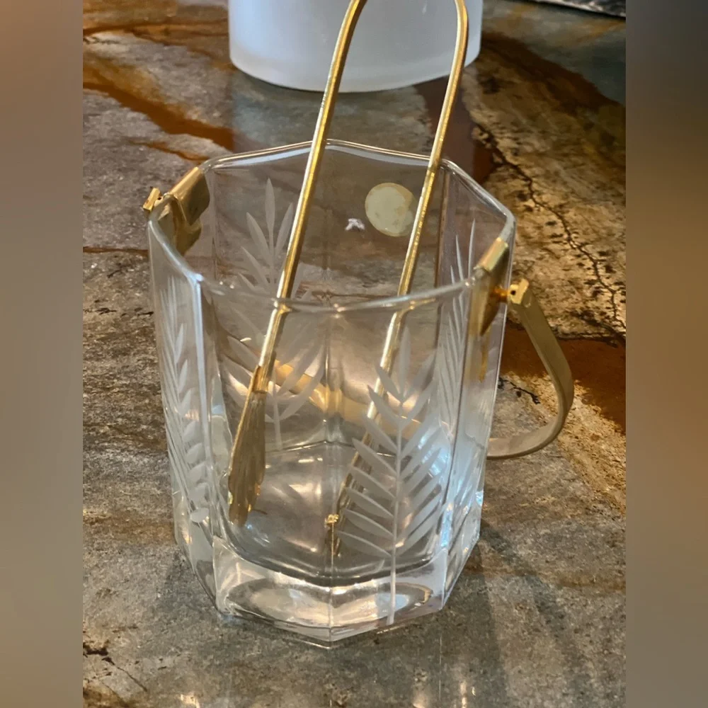 Vintage Ice Bucket with Tongs Miniature Approx. 4” Tall Fern Leaf 🍃 Design